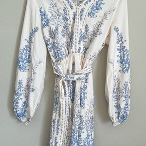 SHEIN White Dress with Blue Floral Print and Waist Tie